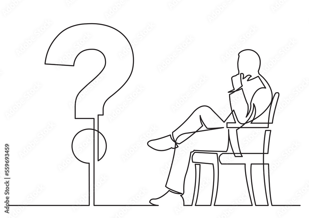Poster continuous line drawing sitting thinking about question png image with transparent background