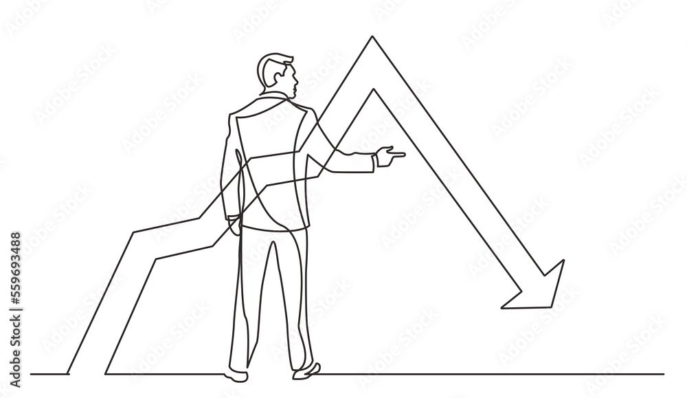 Poster continuous line drawing standing businessman pointing finger at declininh chart png image with trans