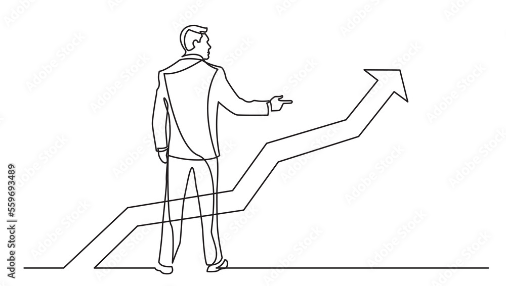 Poster continuous line drawing standing businessman pointing finger at rising chart png image with transpar