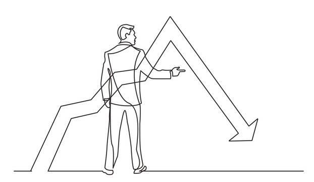 continuous line drawing standing businessman pointing finger at declininh chart PNG image with transparent background
