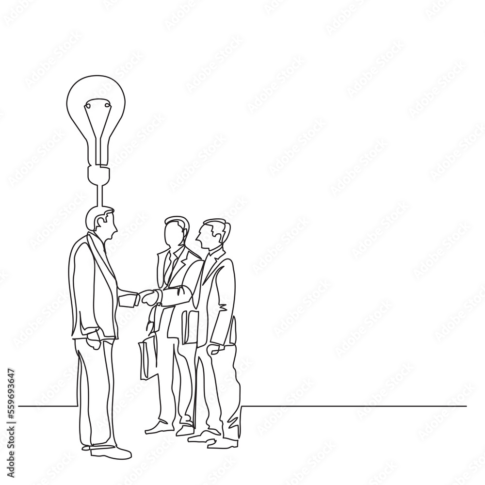 Poster continuous line drawing three businessmen with idea png image with transparent background