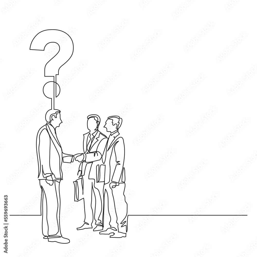 Poster continuous line drawing three businessmen with question png image with transparent background