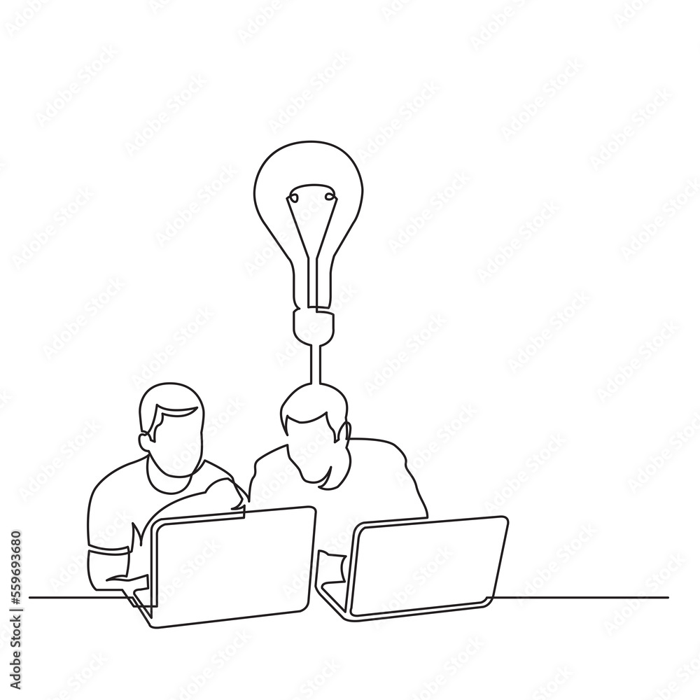 Poster continuous line drawing two men sitting with laptop computers with idea png image with transparent b