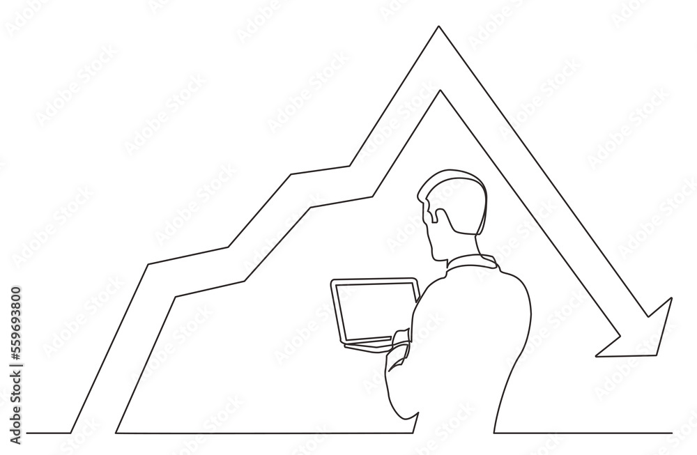 Aufkleber continuous line man standing man holding laptop analyzing declining chart png image with transparent