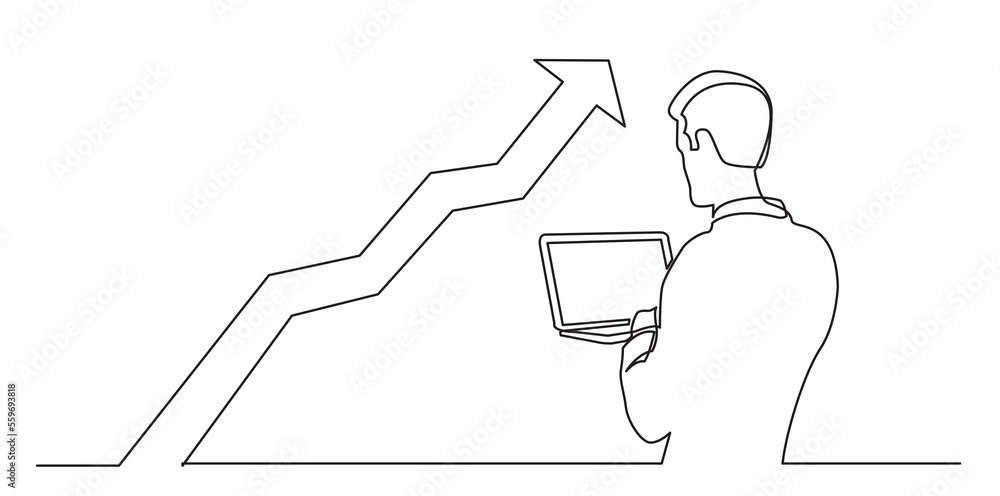 Aufkleber continuous line man standing man holding laptop analyzing rising chart png image with transparent ba