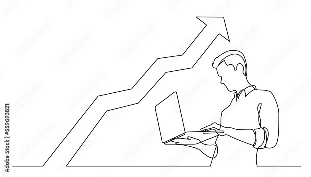 Poster continuous line man standing man watching laptop computer analyzing rising chart png image with tran