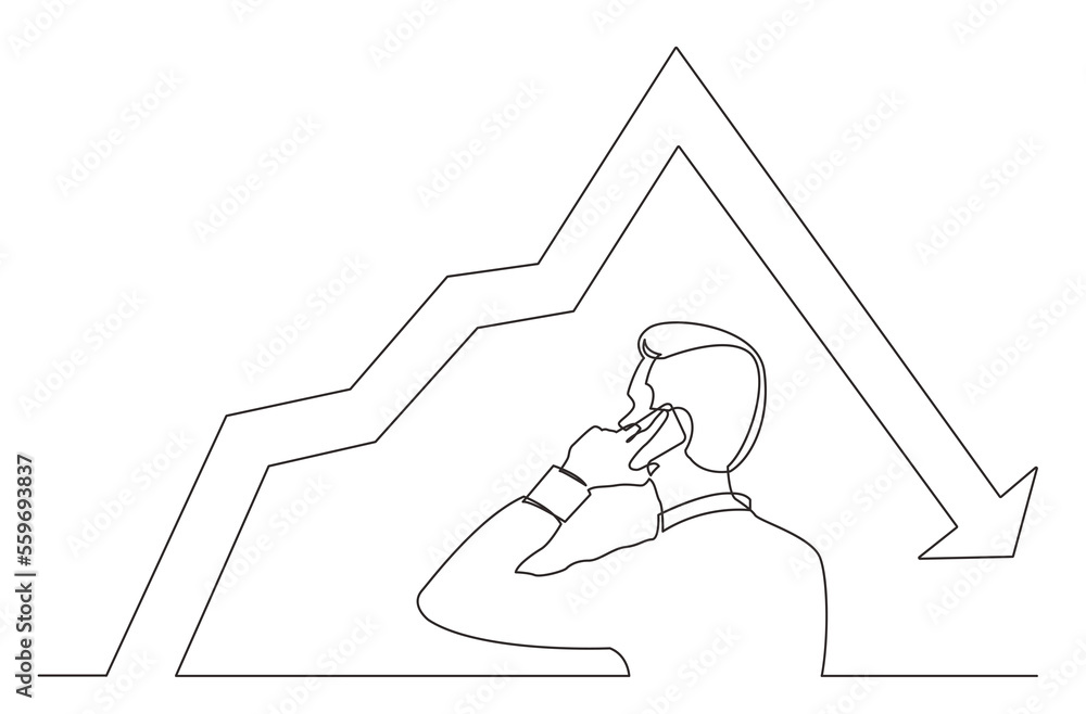 Aufkleber continuous line man talking mobile pnone about declining chart png image with transparent background