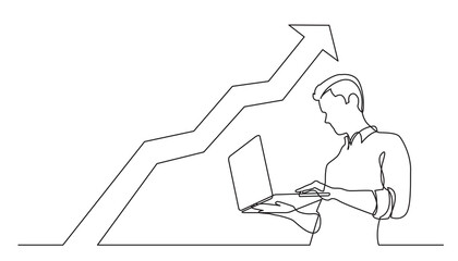 continuous line man standing man watching laptop computer analyzing rising chart PNG image with transparent background