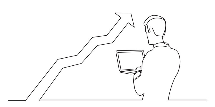 continuous line man standing man holding laptop analyzing rising chart PNG image with transparent background