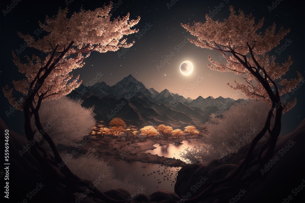 Poster a painting of a mountain landscape with a lake and trees in the foreground and a full moon in the ba