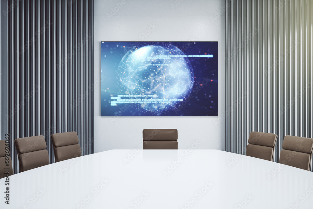 Poster abstract creative programming illustration and world map on presentation monitor in a modern boardro