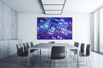 Abstract financial graph on tv display in a modern presentation room, finance and trading concept. 3D Rendering