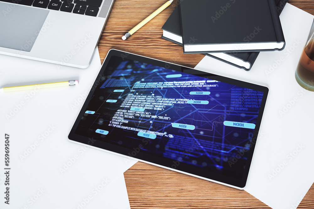Fototapete modern digital tablet monitor with abstract creative coding sketch, artificial intelligence and neur