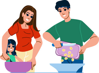 family cooking vector. home, man, happy together, woman, father mother, parent kitchen, dinner meal family cooking character. people flat cartoon illustration