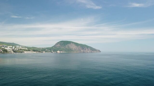 GURZUF, CRIMEA - Aerial Panoramic view on Gurzuf bay with Bear mountain Ayu-Dag and rocks Adalary, Artek - oldest children vacation camp. Yalta region, the South coast of Crimea peninsula
