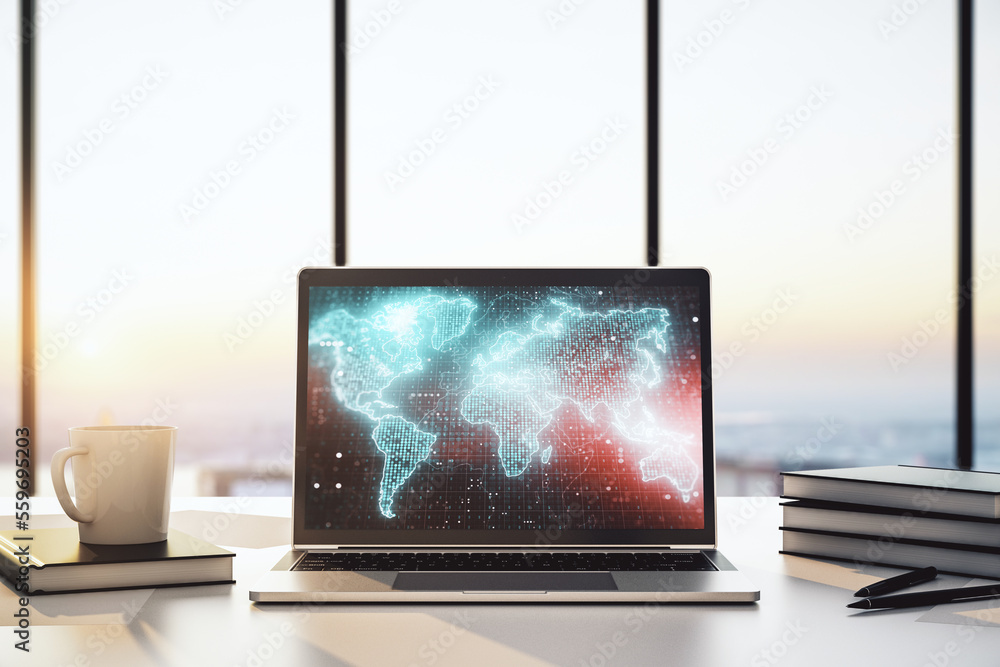 Poster Modern computer display with abstract graphic world map, big data and networking concept. 3D Rendering