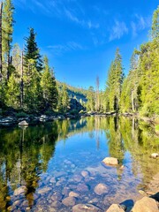 reflection of lake in the mountains