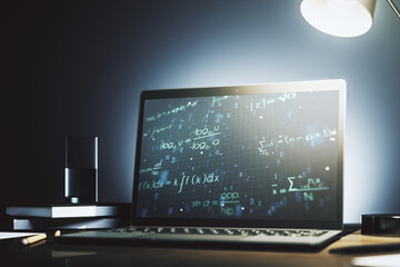 Creative scientific formula illustration on modern computer monitor, science and research concept. 3D Rendering