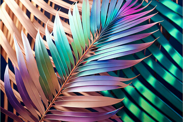Cyberpunk minimal futuristic background with neon palm leaf. Cyber purple lights, tropical palm leaves. 3D Illustration. Generative AI.