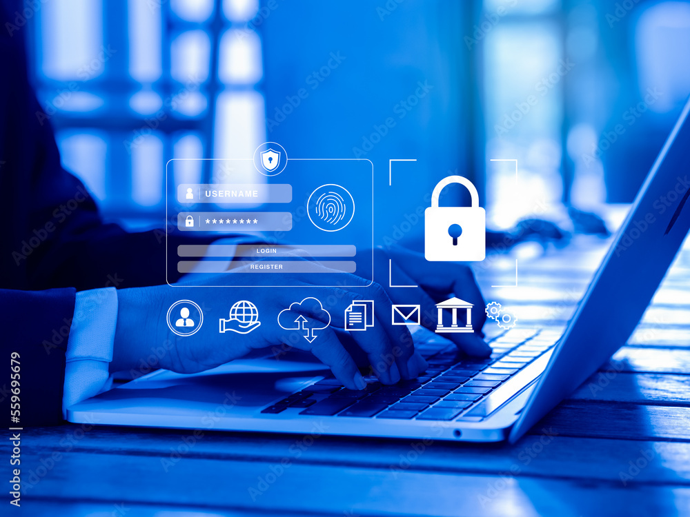 Poster cybersecurity system technology, login and password, global network security and secured internet ac