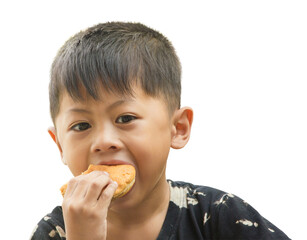 portrait asia kid eat hamburger