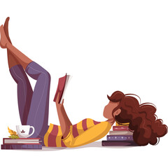 Woman reading book. Bookstore, bookshop, library, book lover, bibliophile, education concept. Isolated vector illustration.