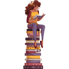 Woman sitting on the stack of books and reading. Bookstore, bookshop, library, book lover, bibliophile, education concept.