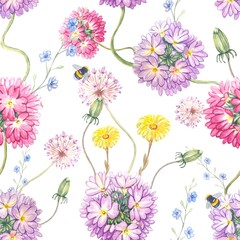 Floral seamless pattern with spring flowers, watercolor