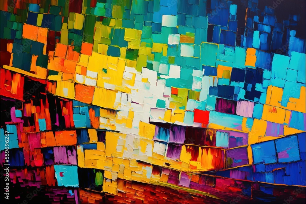 Poster a painting of a colorful abstract painting of squares and rectangles in bright colors of blue., gene