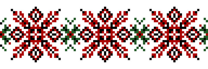 Ukrainian ethnic cross stitch. Geometric horizontal seamless pattern. red, green, black flowers and leaves. Clipart, print design in the style of the scheme of the Ukrainian ornament