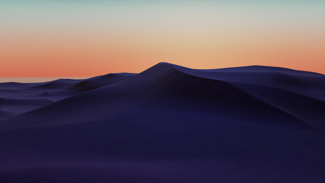 Desert Landscape with Sand Dunes and Orange Gradient Sky. Peaceful Modern Background.