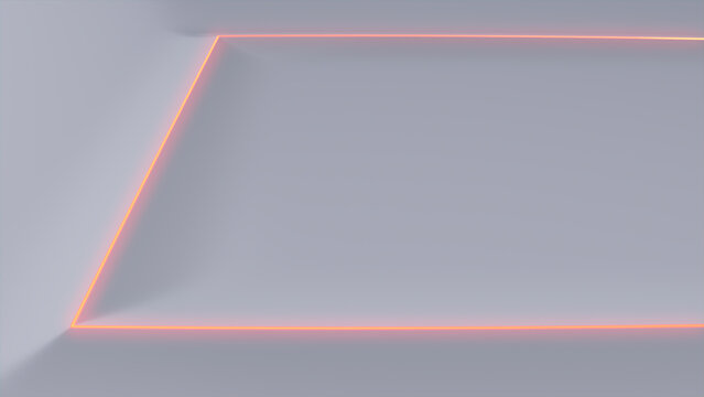 White Surface with Embossed Shape and Orange Illuminated Edge. Tech Background with Neon Rectangle. 3D Render.
