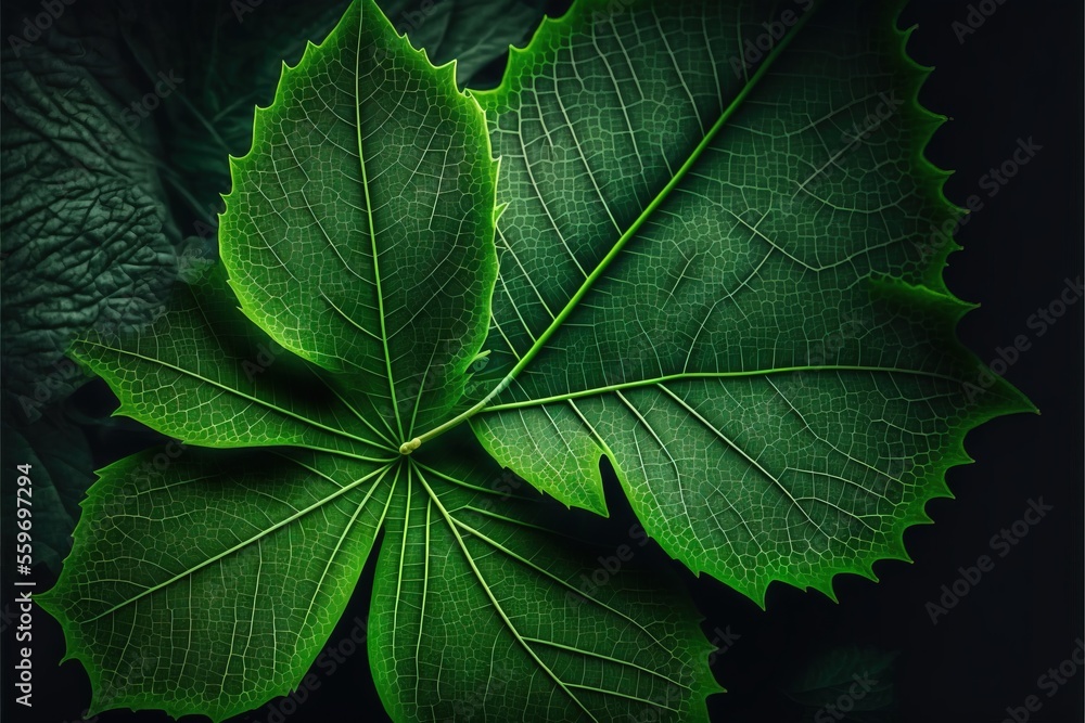 Poster a green leaf with a black background is shown in this image., generative ai