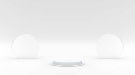 Podium white with white background and circle glass effect 3d illustration render for your product design flyer and etc