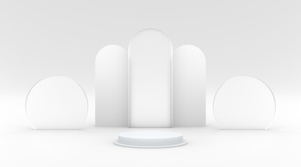 Podium white with white background and circle glass effect 3d illustration render for your product design flyer and etc