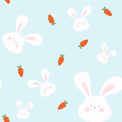 Cute bunny and carrot wallpaper pattern illustration on a pastel blue background. Use for gift wrapping paper, postcards and wallpaper.