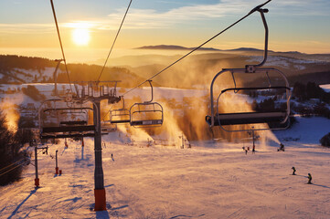 Colorful winter sunset lift ski resort in Krahule mountains in Slovakia