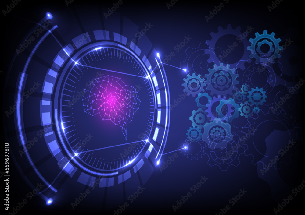 Aufkleber abstract technology background tech circle perspective there is a central wireframe brain that glows
