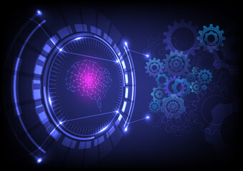 Abstract Technology Background Tech Circle Perspective There is a central wireframe brain that glows pink, dotted lines, and gears of various shapes and sizes. blue gradient background