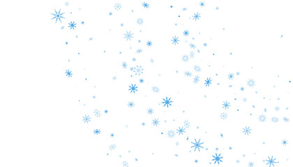 Blue delicate openwork snowflakes are scattered on a white background. Festive background, new year or christmas design