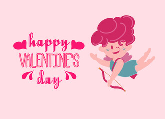 Happy Valentine s Day poster with angel cupid, hearts, and confetti. Festive background for February 14 with hand lettering. Vector design for postcards, advertising material, websites.