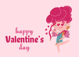Happy Valentine s Day poster with angel cupid, hearts, and confetti. Festive background for February 14 with hand lettering. Vector design for postcards, advertising material, websites.