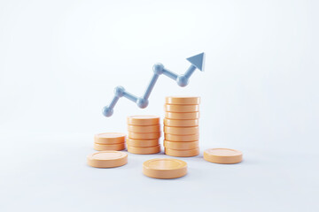 Graph up arrow on coin stacks. Financial success and growth concept. 3d render.