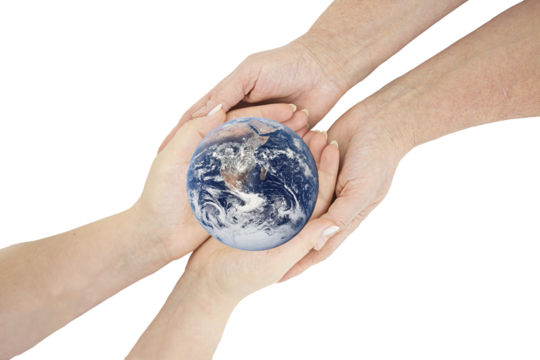 Earth in female hands isolated on transparent background. The concept of preserving our planet for the next generation. Ecological concept.