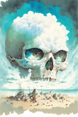 Skull head in the clouds, surreal mystic vision of another dimension and astral dream world - Generative AI illustration.