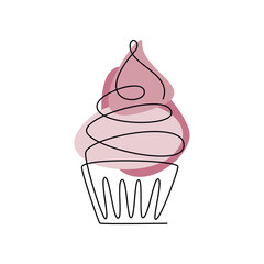 Muffin cupcake vector one line continuous drawing illustration. Hand drawn linear silhouette icon. Minimal design element for print, banner, card, wall art poster, brochure, postcard
