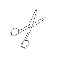 Scissors one line continuous drawing vector illustration. Hand drawn linear silhouette icon. Minimal design element for print, banner, card, wall art poster, brochure.