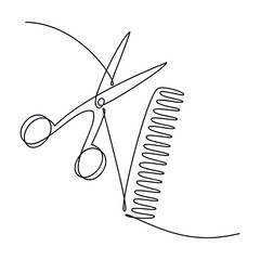 Set of scissors and comb one line continuous drawing vector illustration. Hand drawn linear silhouette icon. Minimal design element for print, banner, card, wall art poster, brochure. - obrazy, fototapety, plakaty