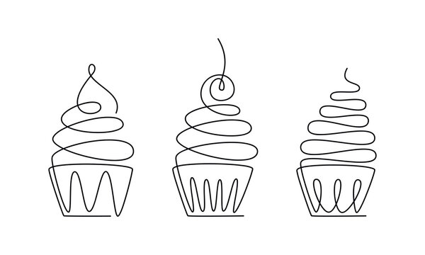 Vector desserts set. Muffin cupcake cake one line continuous drawing illustration. Hand drawn linear doodle icon. Outline design for print, banner, card, wall art poster, brochure.