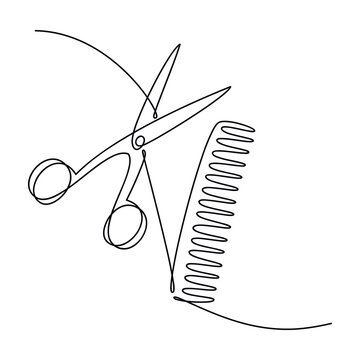 Set of scissors and comb one line continuous drawing vector illustration. Hand drawn linear silhouette icon. Minimal design element for print, banner, card, wall art poster, brochure.